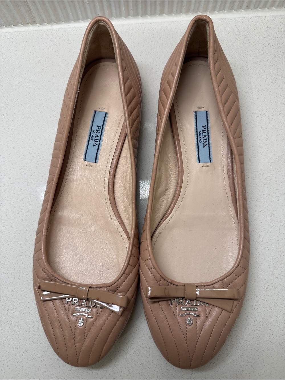 Prada Blush Leather Quilted Bow Ballet Flats